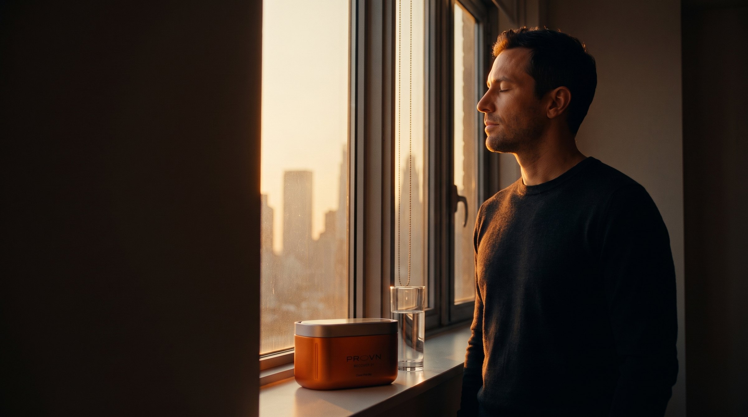 A man at a window at dawn, the first sunlight on his face; the Provn tin and a glass of water on the sill