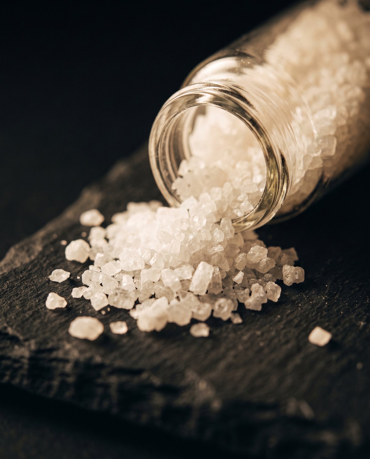 Raw white creatine crystals spilling from a glass vial onto slate