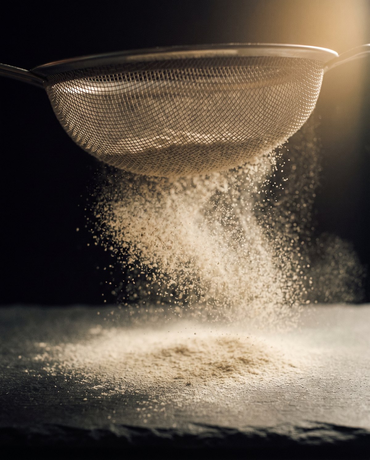 Fine white powder falling through a steel sieve