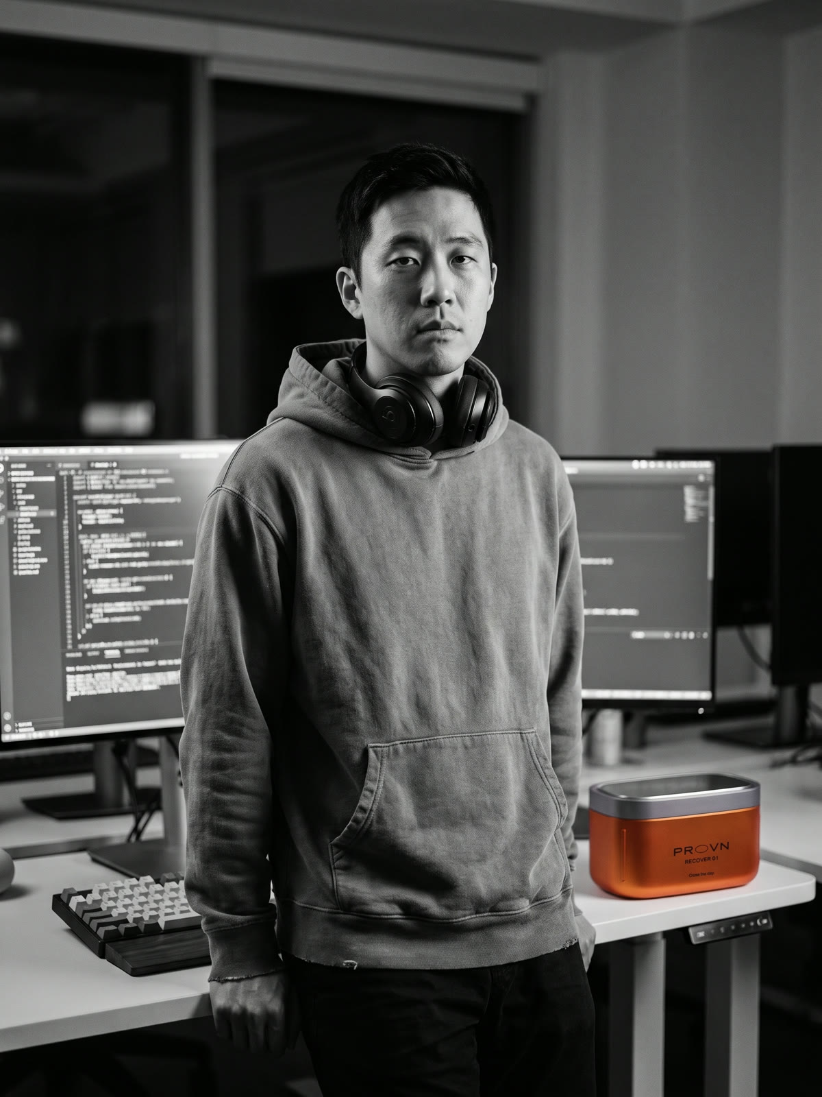 Ethan Park at his desk in an open-plan office at night