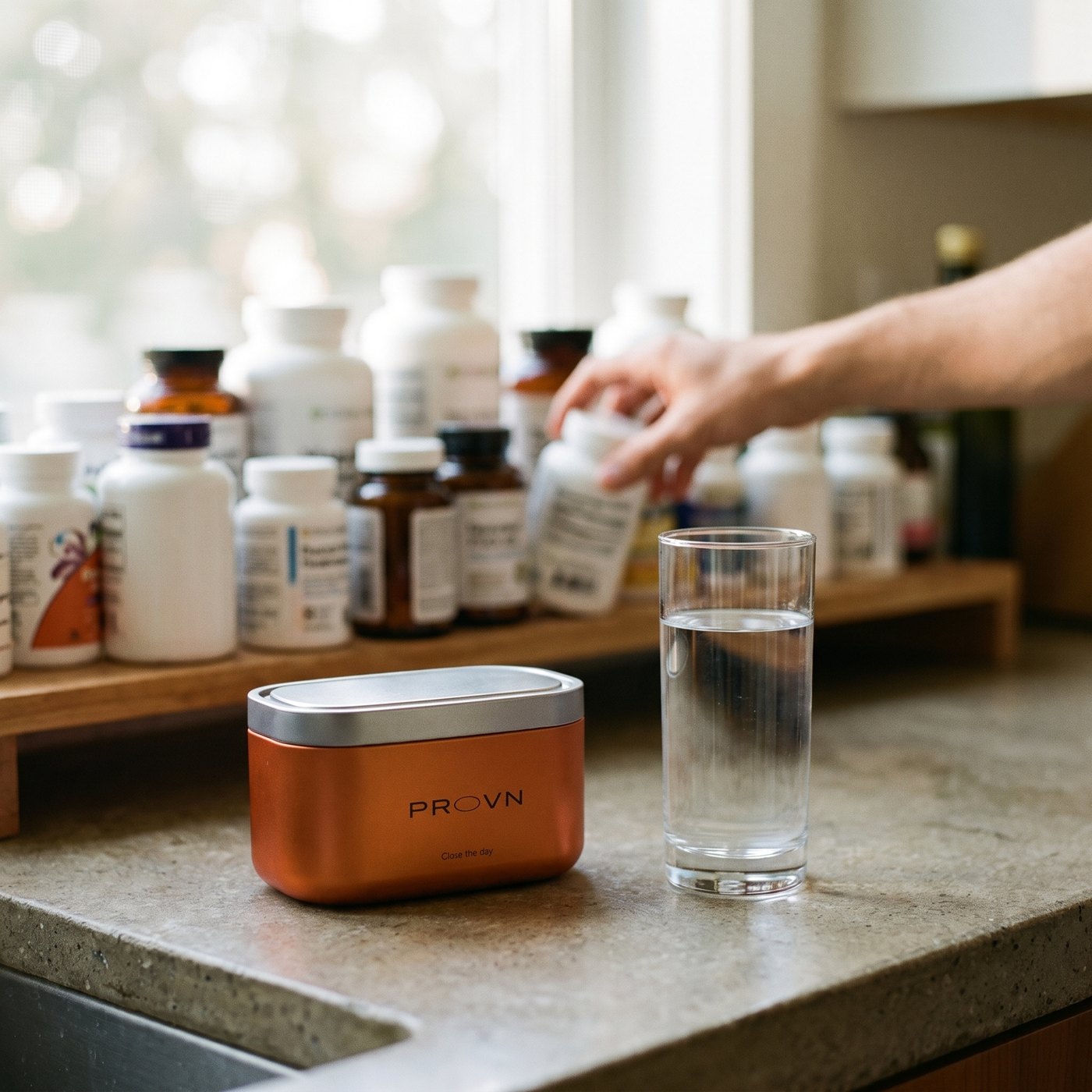 A clean counter with one Provn tin and a glass; a shelf of other bottles pushed aside behind
