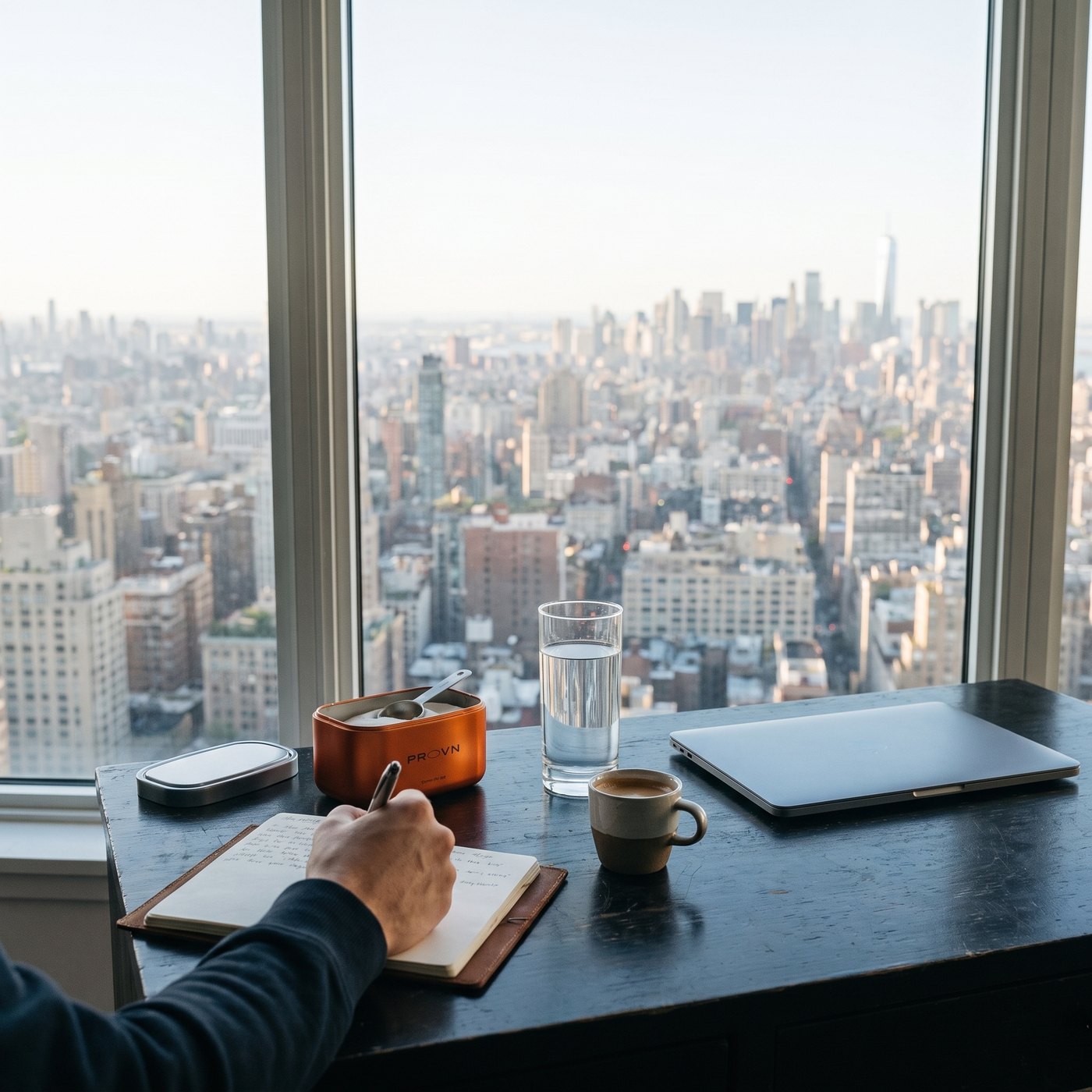 A desk at 7 am: the open Provn tin, a glass of water, a hand writing in a notebook