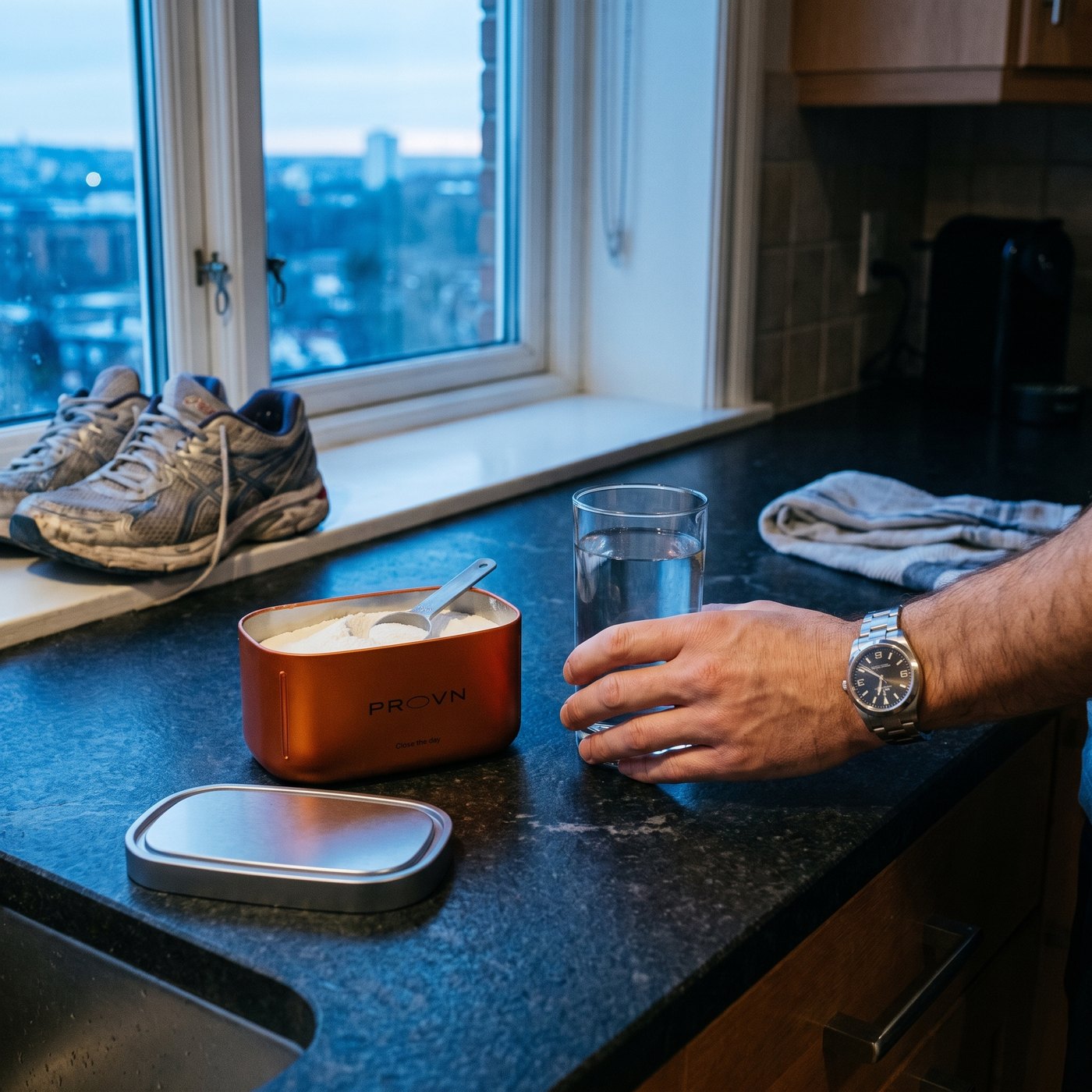 A kitchen counter at dawn: the Provn tin, a glass of water, running shoes