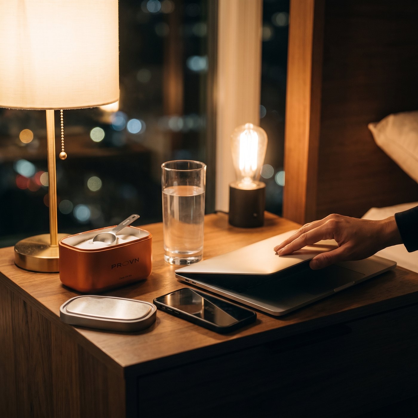 A bedside table at night: the Provn tin, a glass of water, a hand closing a laptop